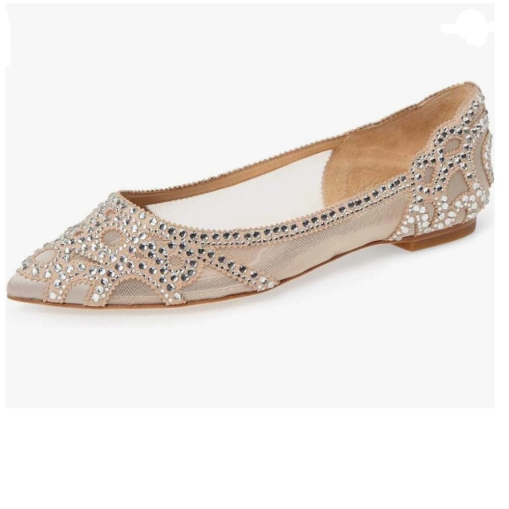 XYD Nude Pointed Toe Rhinestone Flats Mesh Slip-on Crystals Wedding Bride Ballet